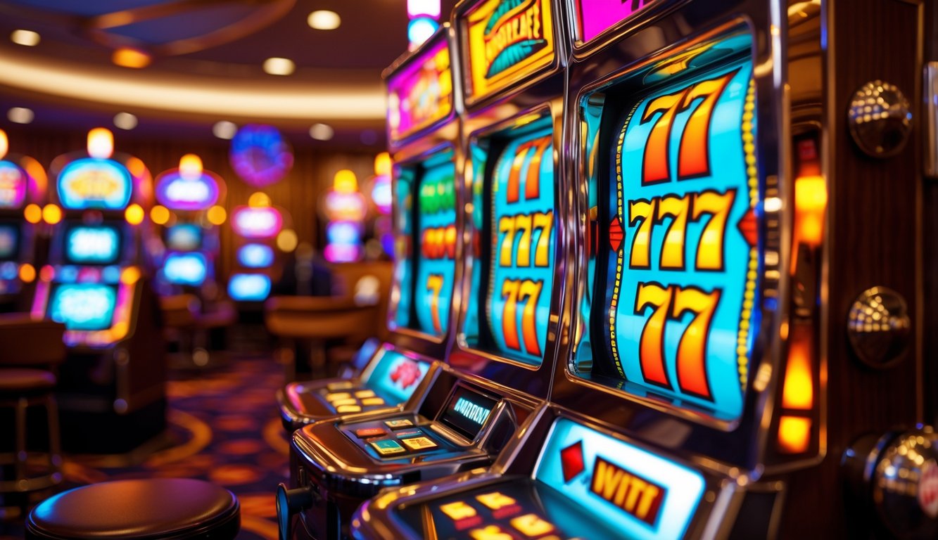 Mesin slot retro klasik dengan tiga gulungan dan simbol warna-warni di dalam suasana kasino.