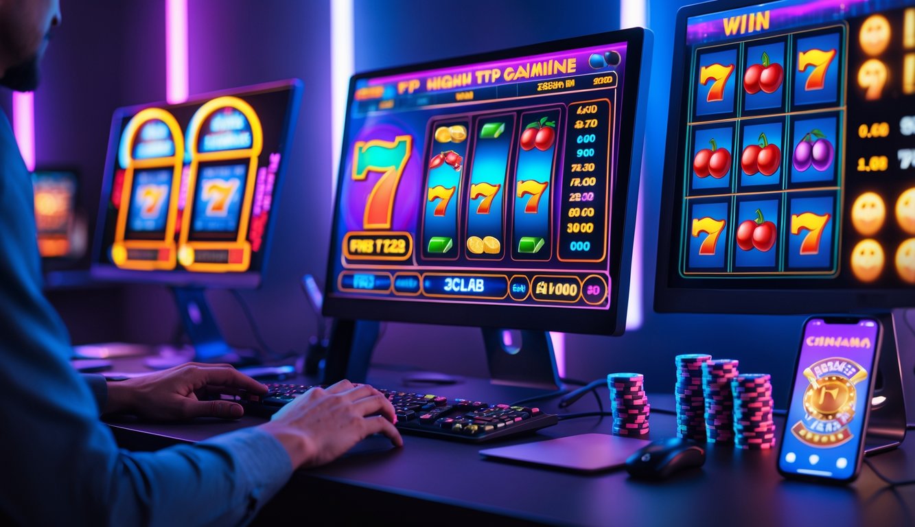Meja komputer dengan beberapa layar menampilkan permainan slot retro online, dengan tangan seseorang sedang bermain dan chip kasino di dekatnya.