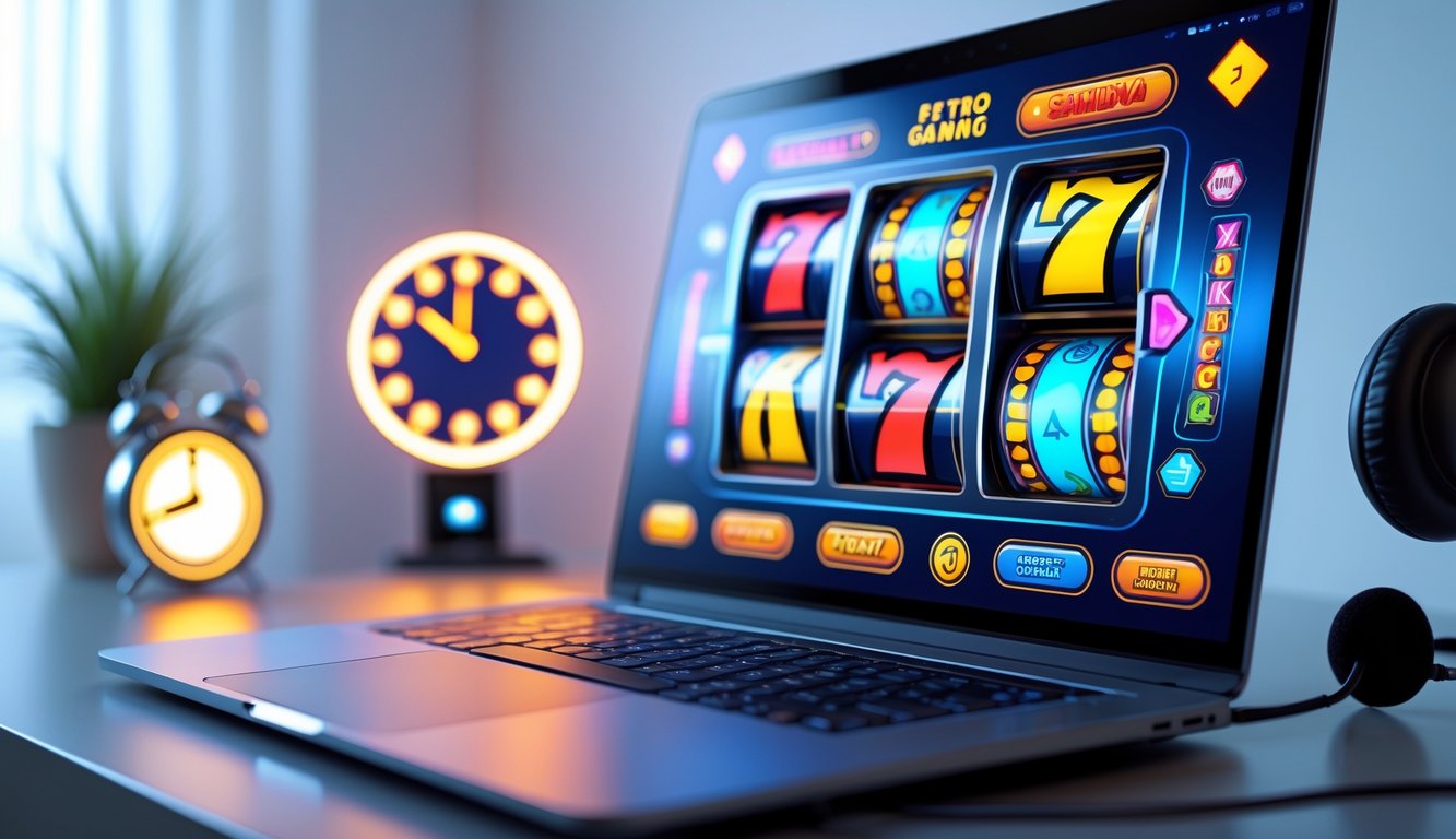 Seorang pengguna sedang bermain mesin slot retro di komputer dengan ikon jam yang menunjukkan layanan 24 jam.