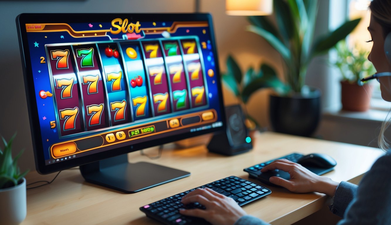 Seseorang bermain mesin slot retro secara online di depan komputer di ruang kerja yang nyaman.