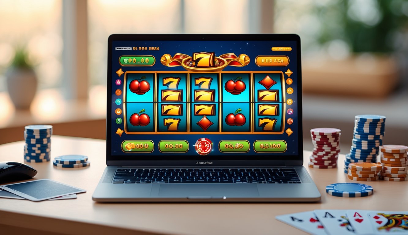 Seorang pengguna bermain permainan mesin slot retro secara online di laptop dengan suasana santai di meja kerja.