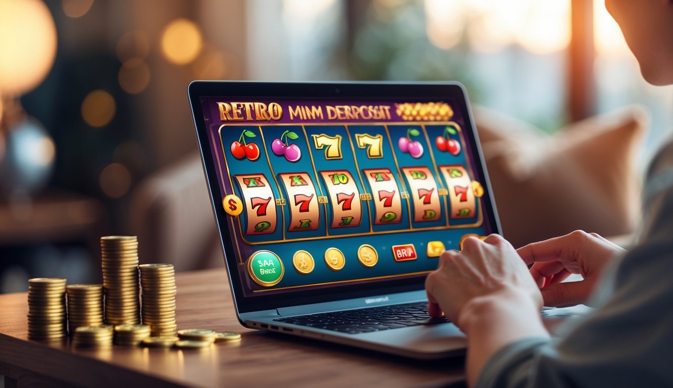 Seseorang menggunakan laptop atau ponsel untuk bermain mesin slot retro online dengan latar belakang ruangan yang nyaman.