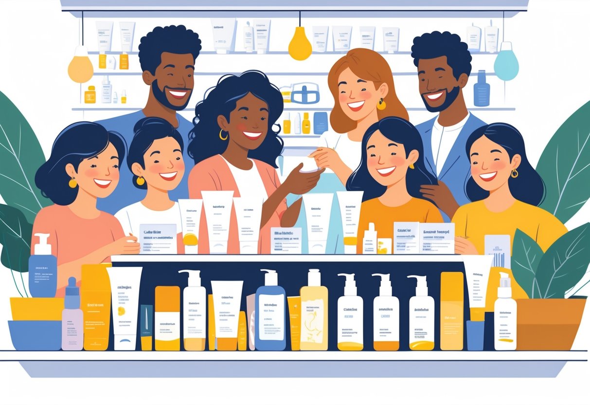 Orang-orang memilih produk perawatan kulit yang terjangkau di rak toko dengan ekspresi puas dan percaya diri.