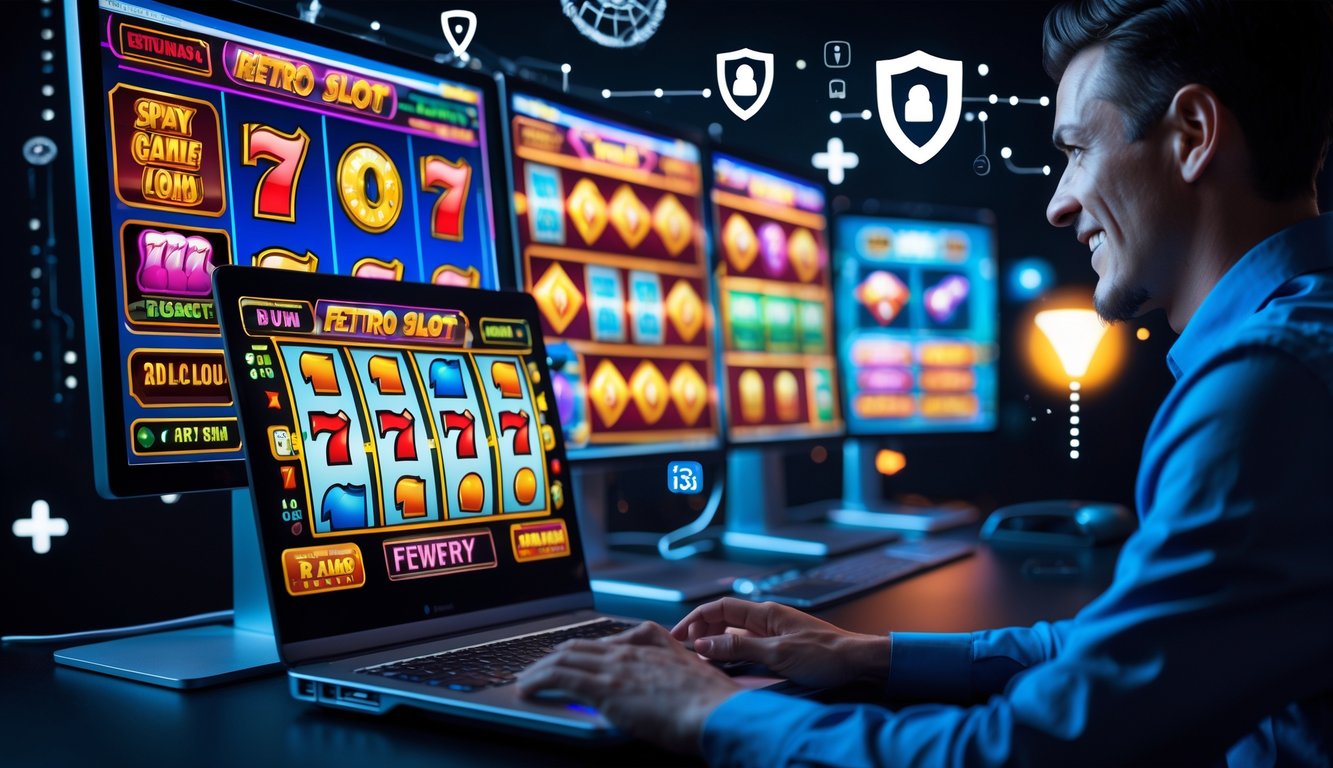 Seseorang sedang bermain mesin slot retro online di komputer dengan layar menampilkan permainan warna-warni dan ikon keamanan di latar belakang.