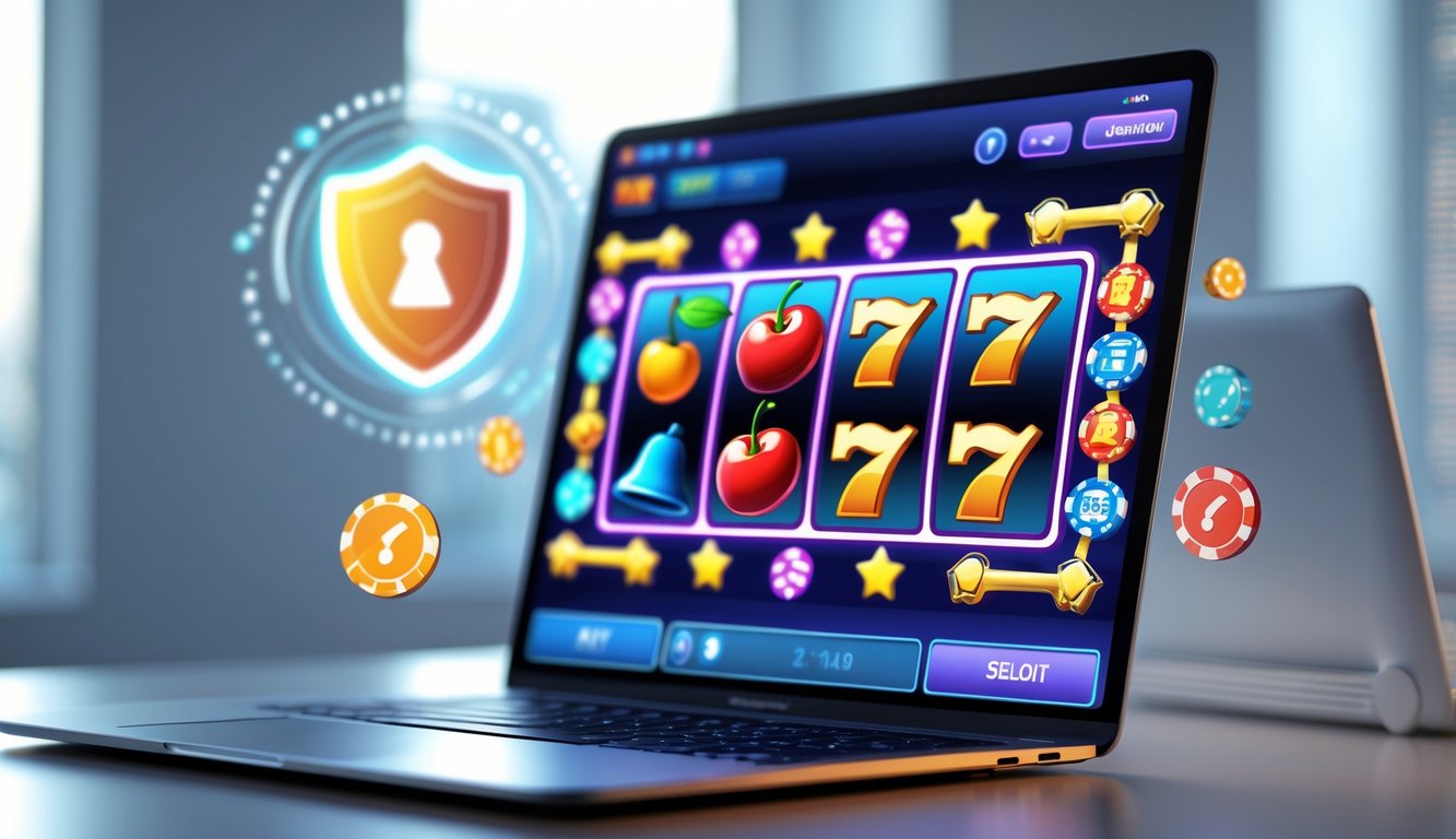 Layar komputer menampilkan permainan slot retro dengan simbol klasik, dikelilingi ikon keamanan di ruang kerja modern.