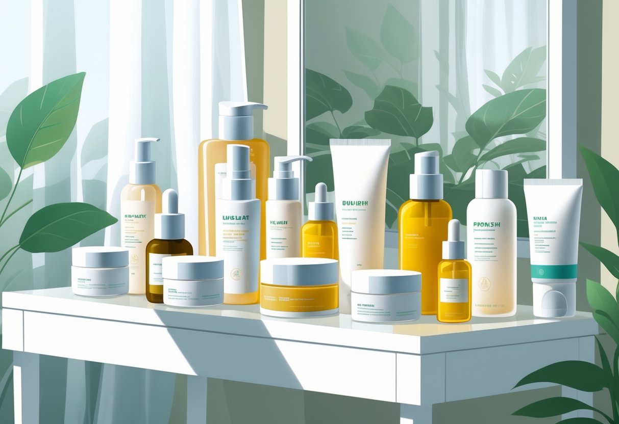 Berbagai produk perawatan kulit disusun rapi di atas meja rias putih dengan tanaman hijau di latar belakang.