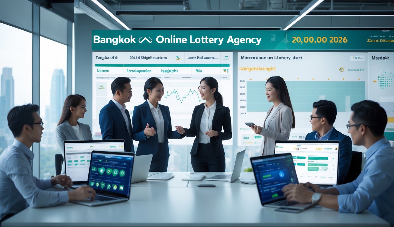 Suasana kantor modern dengan beberapa orang yang sedang berdiskusi dan menggunakan perangkat digital di depan pemandangan kota Bangkok.