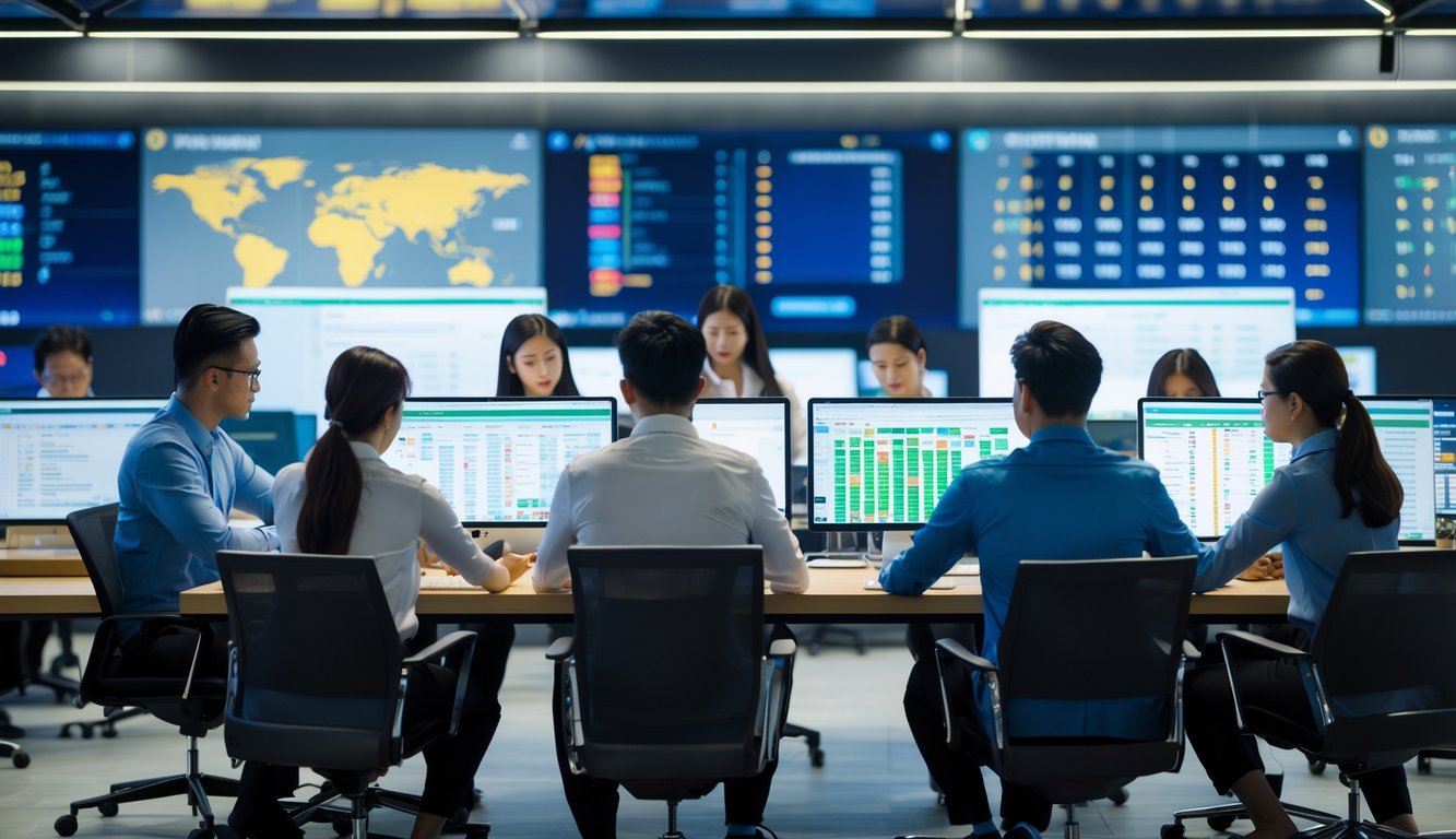 Sekelompok profesional bekerja sama di kantor modern dengan layar komputer menampilkan data lotere online dan latar belakang kota Bangkok.