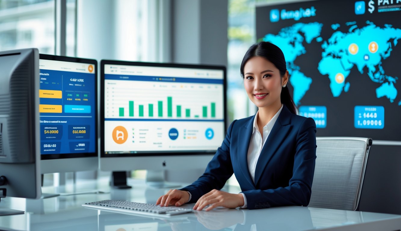 Seorang wanita bisnis Asia duduk di meja dengan beberapa layar komputer menampilkan data lotre online, di latar belakang terdapat peta dunia dan ikon pembayaran digital.