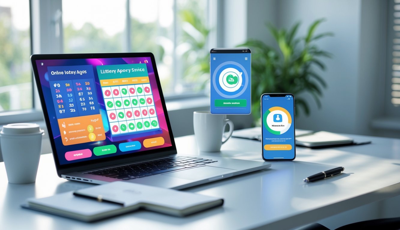 Meja kerja modern dengan laptop dan ponsel yang menampilkan antarmuka layanan agen togel online, di ruang kantor yang terang dan rapi.