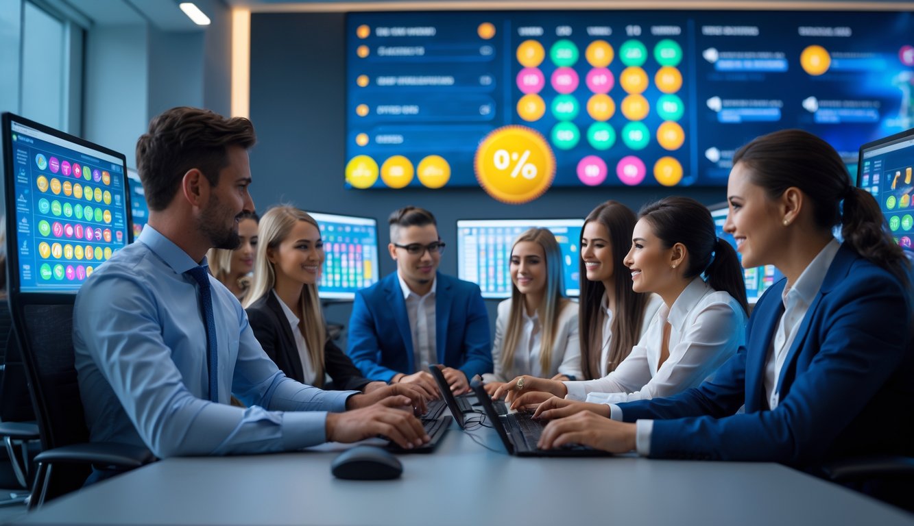 Sekelompok orang muda di kantor modern sedang menggunakan komputer dengan layar menampilkan angka lotere dan antarmuka digital.