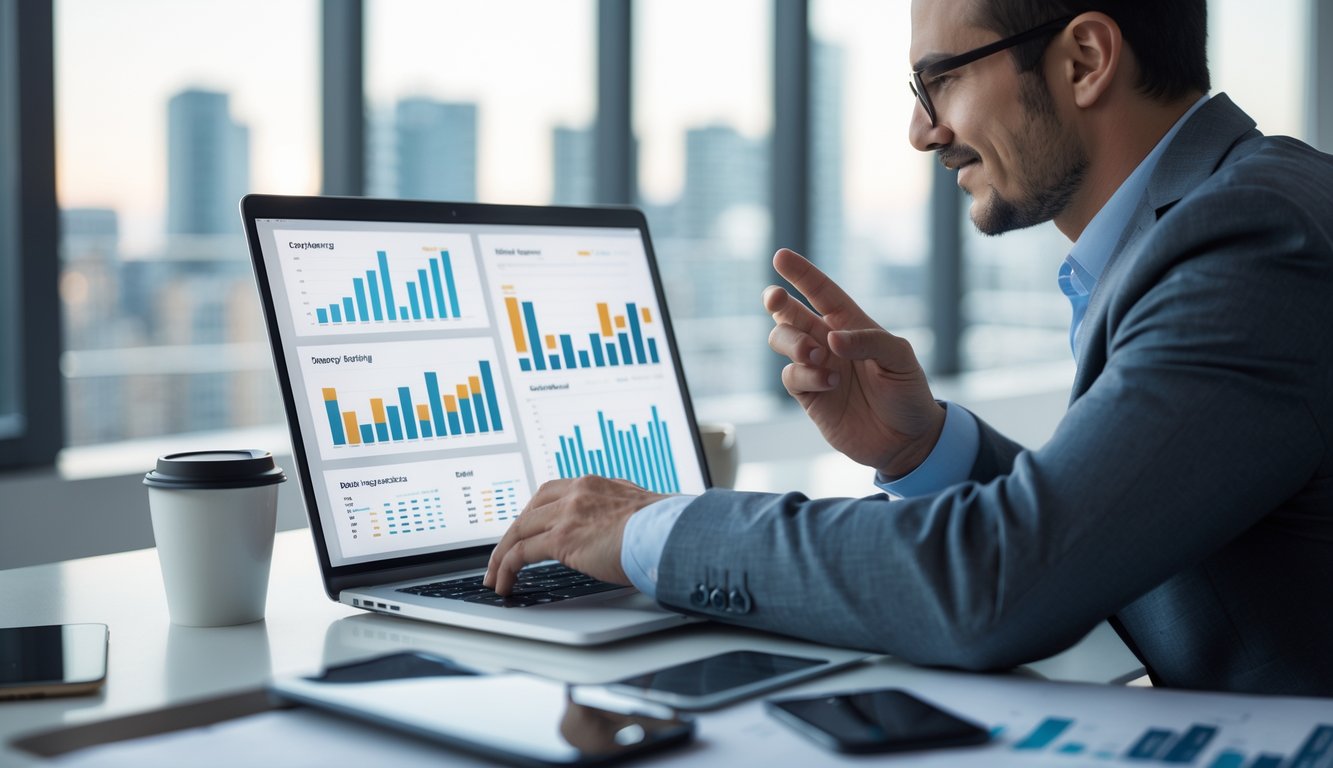Seorang profesional sedang menganalisis data keuangan di laptop dalam kantor modern dengan pemandangan kota di belakangnya.