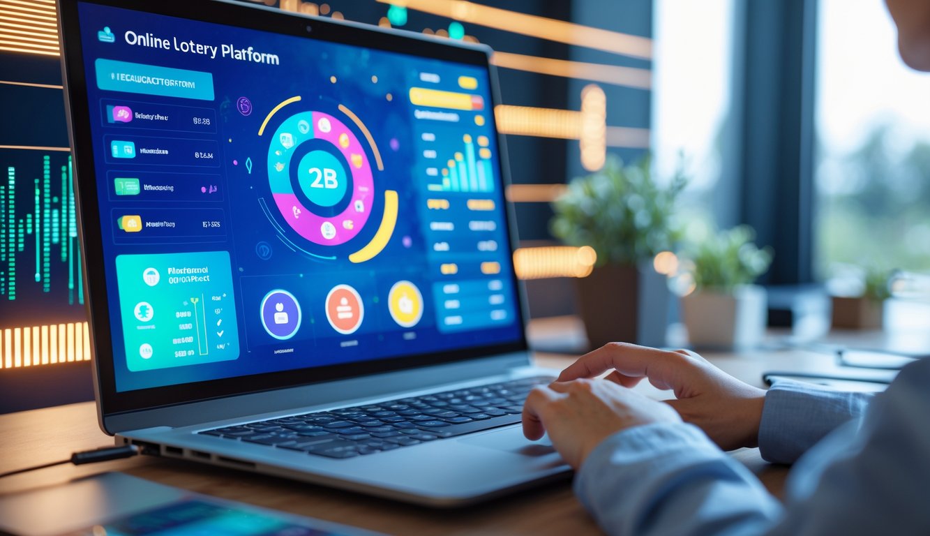 Seseorang menggunakan laptop di ruang kerja modern dengan layar komputer menampilkan antarmuka platform lotere online.