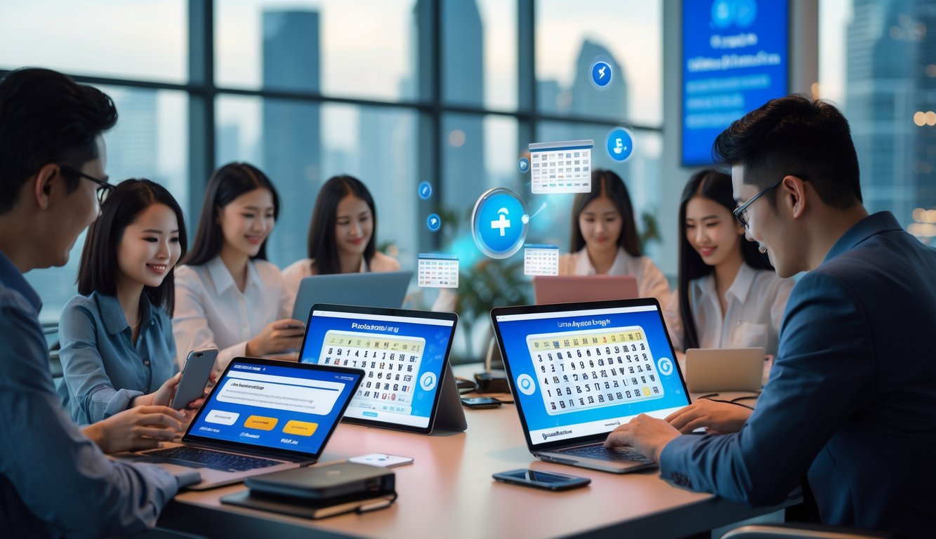 Beberapa orang menggunakan perangkat digital di ruang kerja modern dengan latar kota Bangkok, menampilkan suasana aktivitas taruhan online 24 jam.