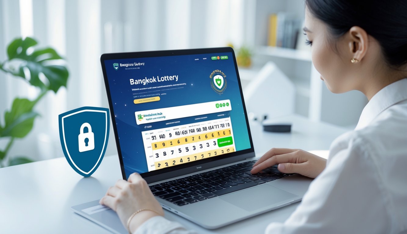 Seseorang sedang menggunakan laptop di ruang kerja yang bersih dan terang, menampilkan suasana aman dan terpercaya untuk bermain togel online Bangkok.