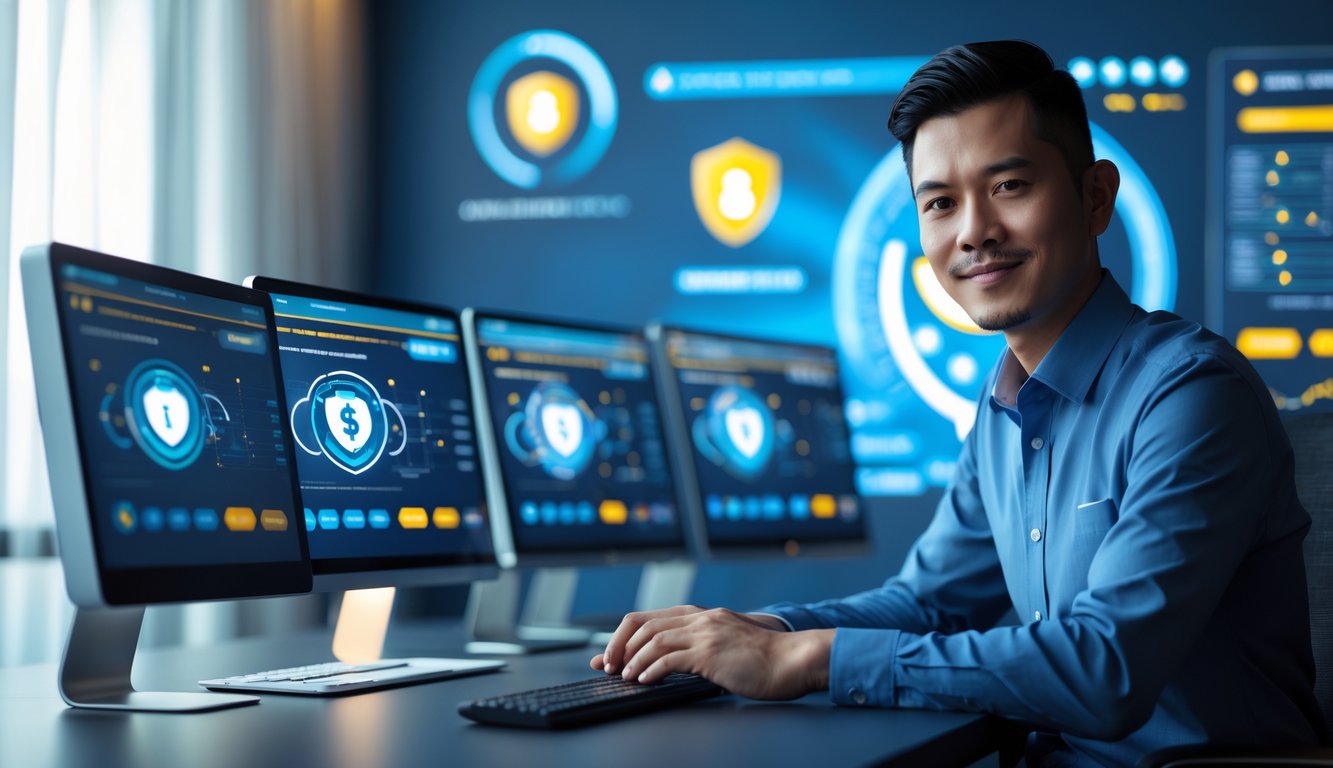 Seorang pria Indonesia duduk di depan komputer dengan tampilan grafis digital dan simbol keamanan di layar.