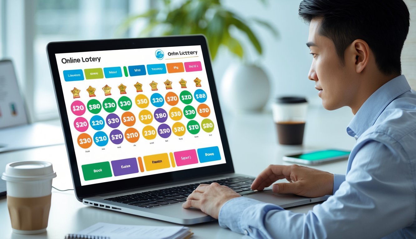 Seorang pria muda sedang menggunakan laptop di meja kerja dengan tampilan layar yang menampilkan angka lotre dan penawaran bonus.