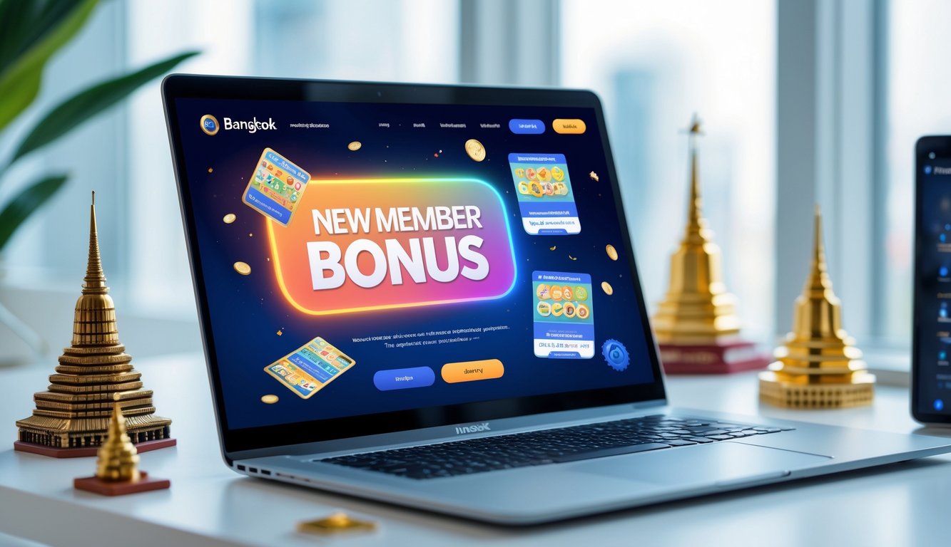 Seorang pengguna laptop di meja kerja dengan layar menampilkan antarmuka permainan togel online dan dekorasi bertema Bangkok di sekitarnya.