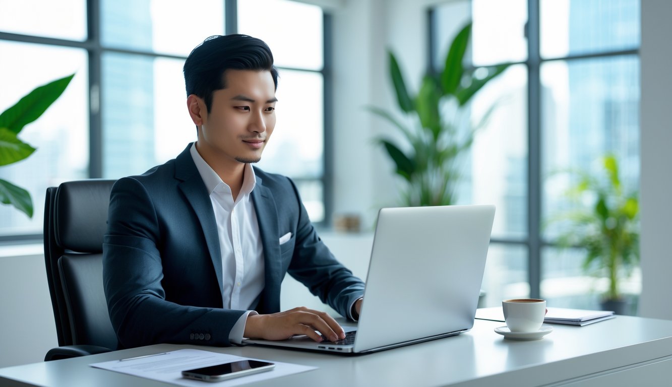 Seorang pria Asia Tenggara duduk di meja kantor modern sambil menggunakan laptop dan meninjau dokumen dengan ekspresi fokus.