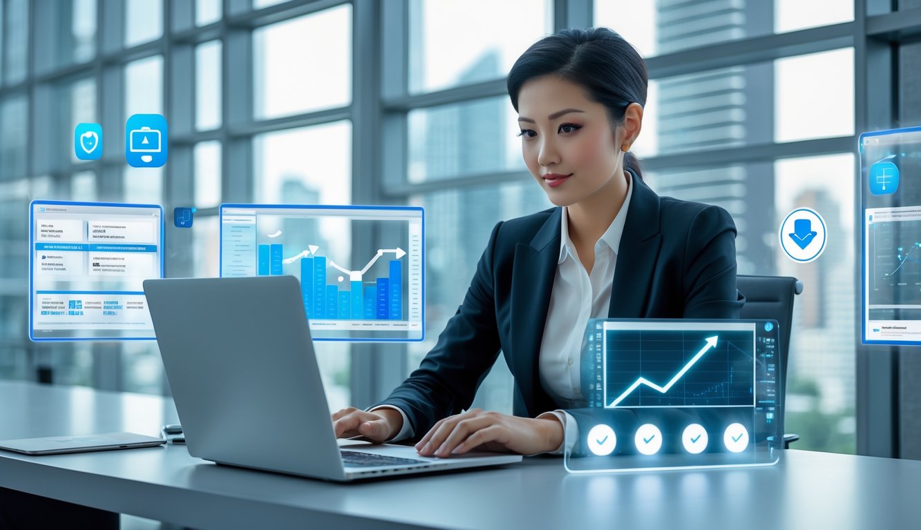 Seorang profesional duduk di meja kantor modern, menganalisis data di laptop dengan grafik digital di sekitar, menggambarkan pemilihan agen togel Bangkok online yang terpercaya.