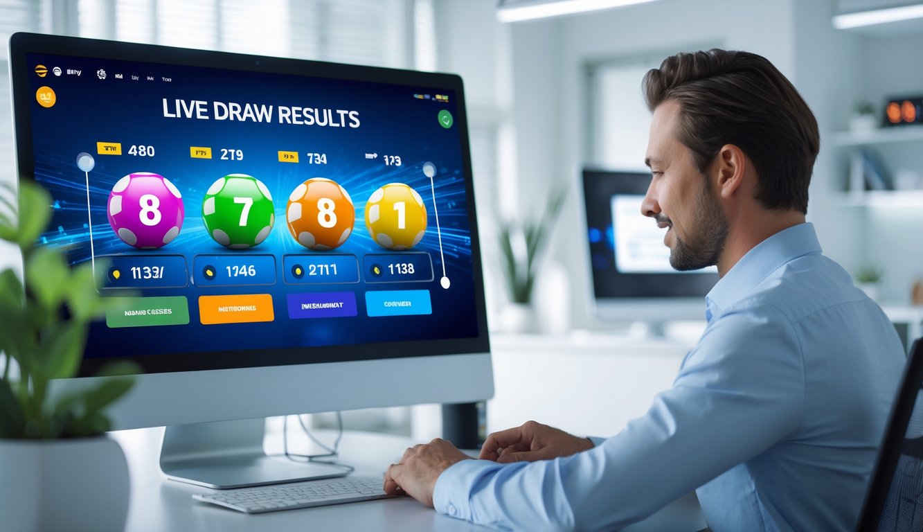 Seorang profesional menggunakan komputer dengan tampilan hasil undian langsung yang cepat dan akurat di ruang kantor yang rapi.