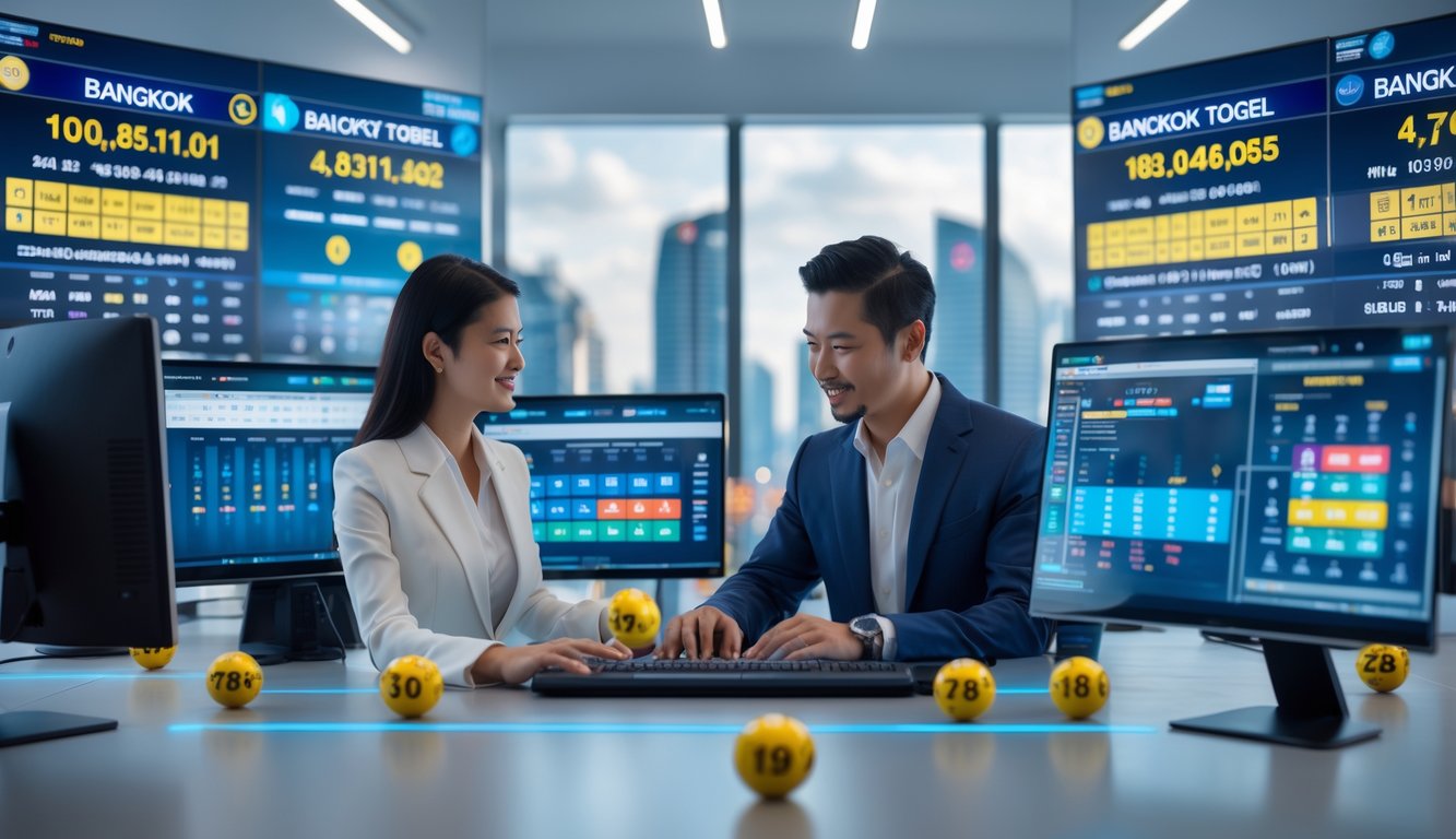 Dua orang profesional bekerja bersama di kantor modern dengan layar besar menunjukkan hasil undian langsung dan data waktu nyata, dengan pemandangan kota Bangkok di latar belakang.