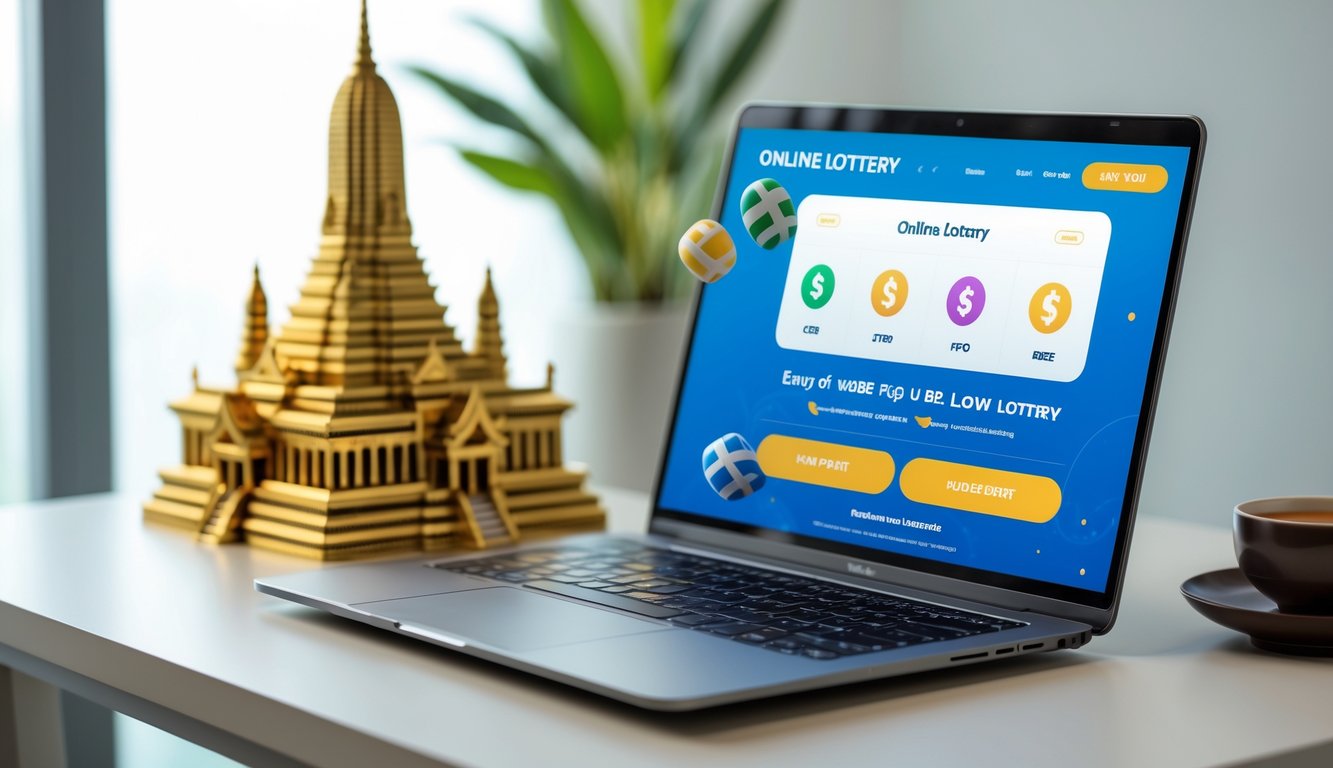 Meja kerja modern dengan laptop yang menampilkan antarmuka permainan togel online, dekorasi kecil bertema Bangkok, dan secangkir teh tradisional Thailand.