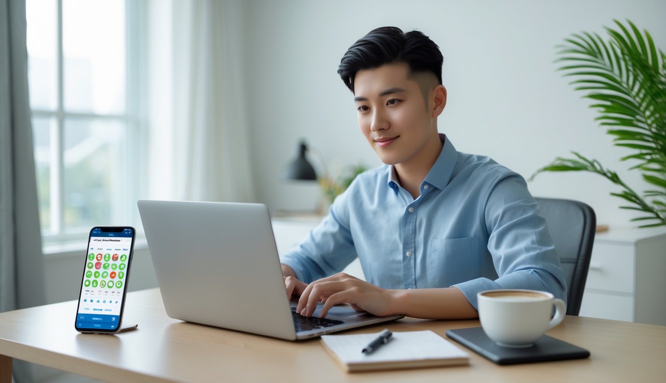 Seorang dewasa muda menggunakan laptop di meja kerja dengan ponsel menampilkan aplikasi lotere, di ruang rumah yang terang dan rapi.