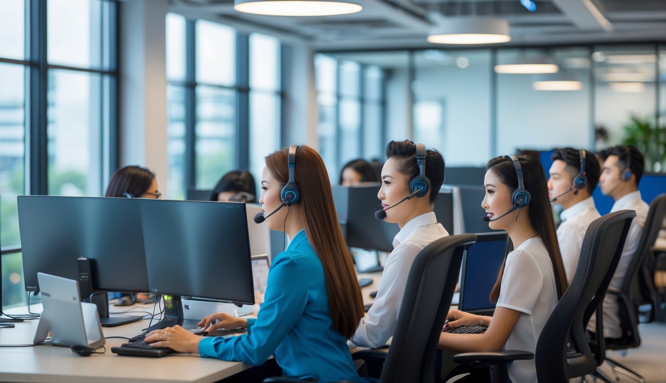 Tim layanan pelanggan sedang bekerja di kantor modern dengan komputer dan headset.