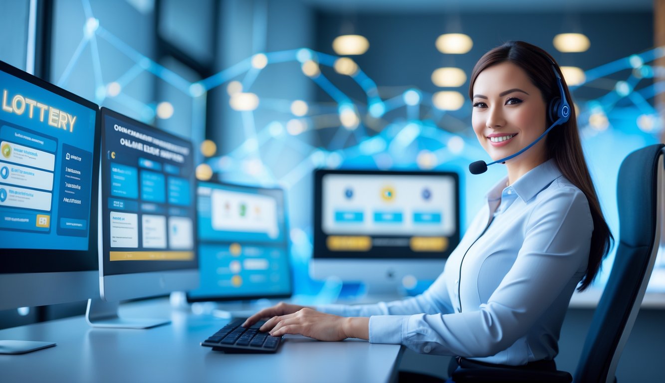 Seorang petugas layanan pelanggan yang ramah sedang bekerja dengan headset di depan beberapa monitor komputer dalam suasana kantor modern.