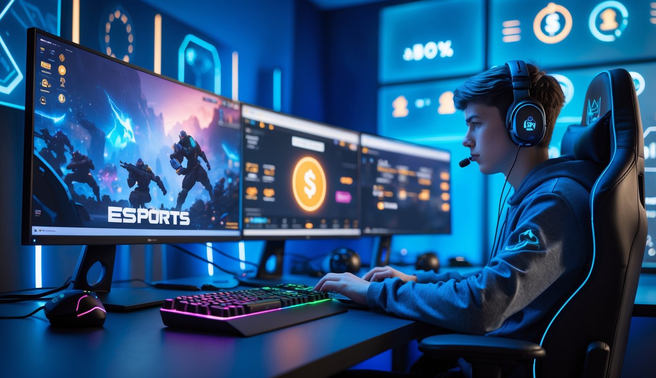 Seorang pemain esports muda fokus bermain di depan beberapa monitor dengan perlengkapan gaming di ruangan modern.
