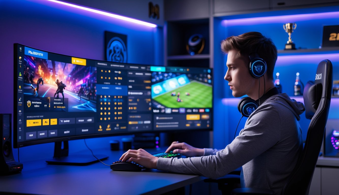 Seorang pria muda duduk di depan komputer dengan layar menampilkan grafik permainan esports dan statistik taruhan, di ruangan dengan pencahayaan biru dan ungu serta dekorasi bertema esports.