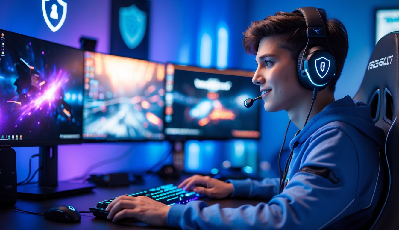 Seorang pemain esports muda sedang bermain game di meja dengan beberapa monitor dan perlengkapan gaming di ruangan yang terang dan rapi.