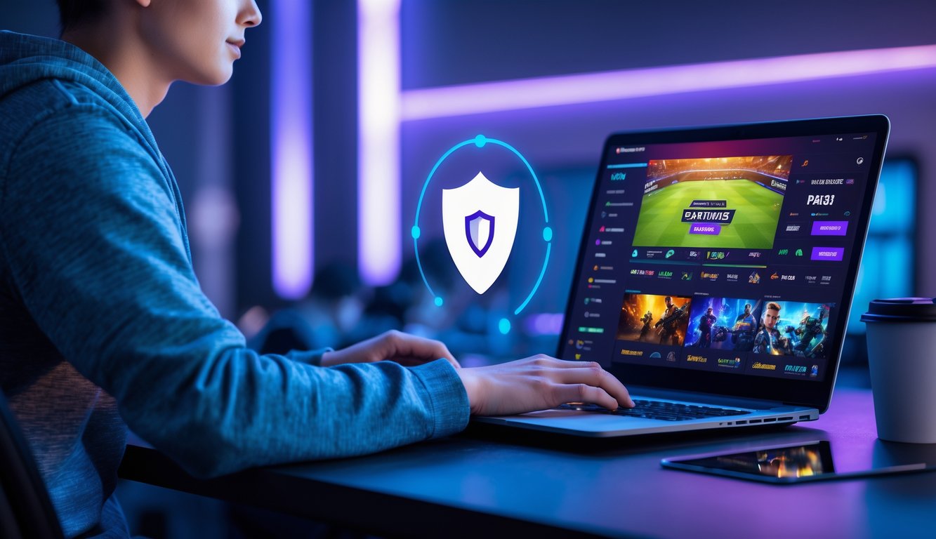 Seorang dewasa muda menggunakan laptop di meja kerja modern dengan layar menampilkan permainan esports dan peluang taruhan, di ruangan dengan pencahayaan biru dan ungu.