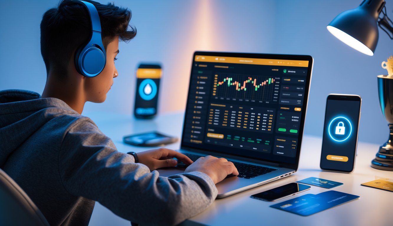 Seorang dewasa muda duduk di meja kerja modern menggunakan laptop dengan tampilan platform judi esports online, dikelilingi oleh perangkat teknologi dan simbol pembayaran cepat.