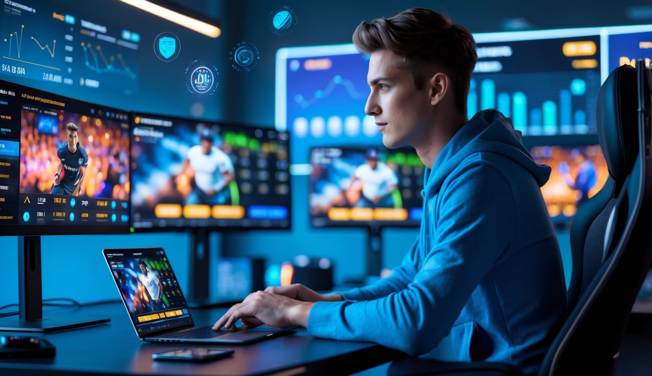 Seorang dewasa muda duduk di meja dengan beberapa monitor menampilkan permainan esports dan data taruhan, menggunakan laptop dan ponsel di lingkungan teknologi modern.