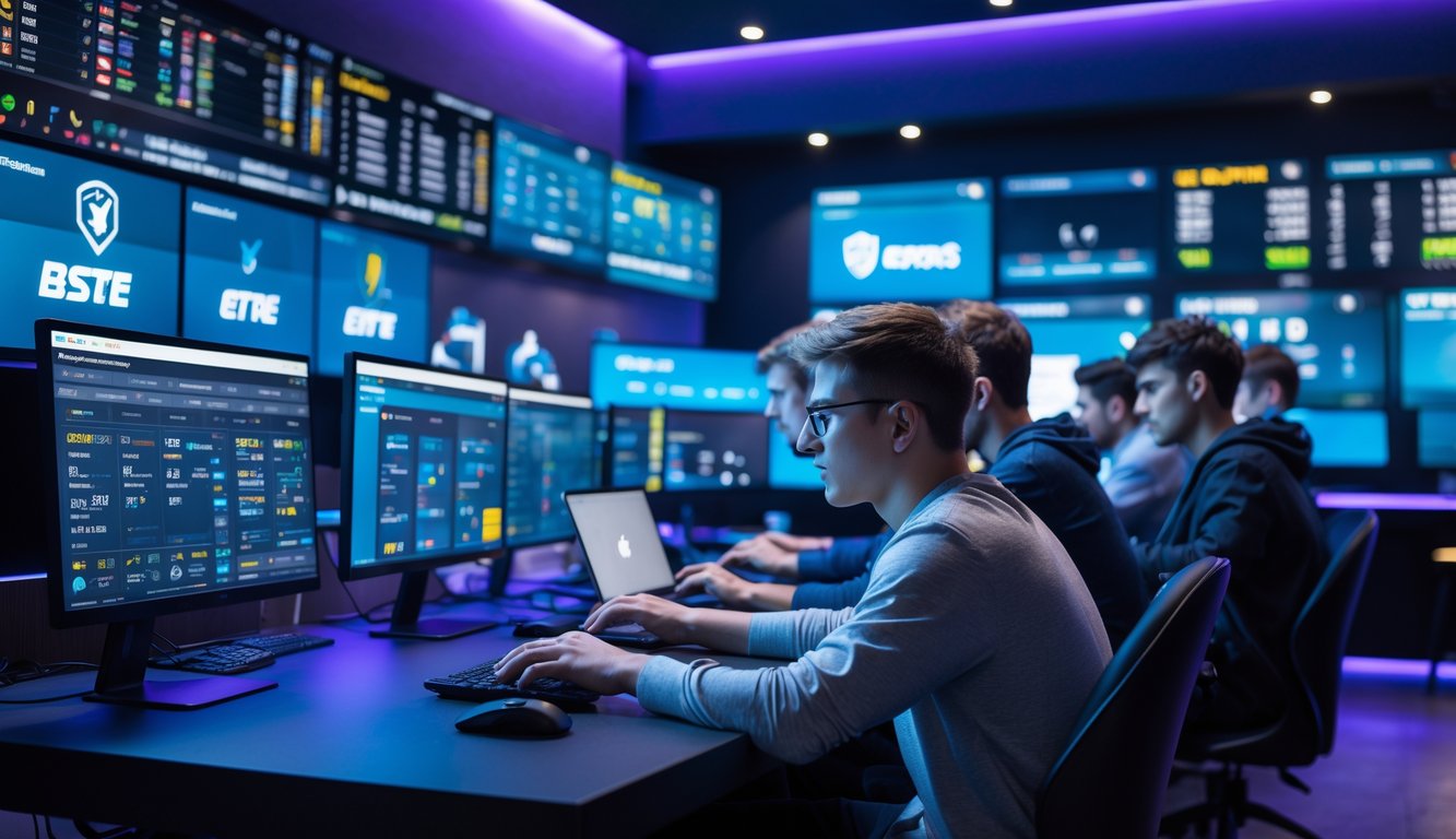 Sekelompok orang muda sedang fokus menggunakan komputer dan smartphone untuk bertaruh pada pertandingan esports di sebuah ruang gaming modern dengan lampu LED biru dan ungu.