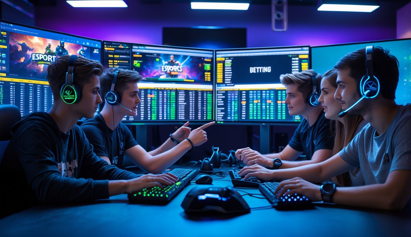 Sekelompok orang muda sedang fokus bermain dan memasang taruhan esports di depan komputer dengan layar menampilkan permainan dan peluang taruhan.