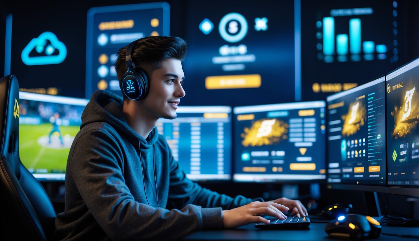 Seorang dewasa muda sedang duduk di depan beberapa monitor yang menampilkan permainan esports dan statistik taruhan, dengan latar belakang grafis digital yang menunjukkan transaksi e-wallet dan dukungan 24 jam.