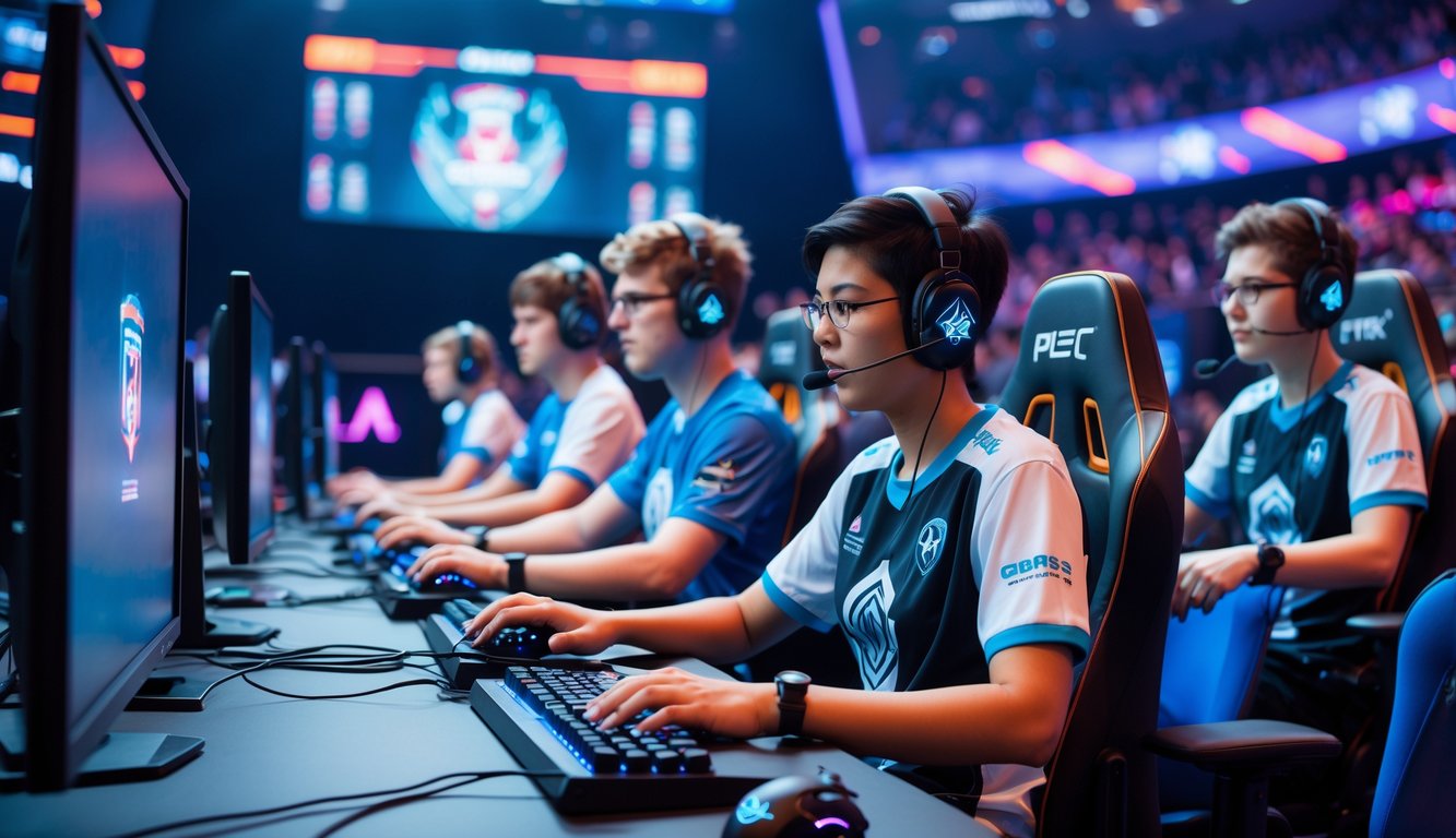 Sejumlah pemain esports fokus bermain di meja dengan peralatan gaming di arena turnamen yang ramai dan berwarna-warni.