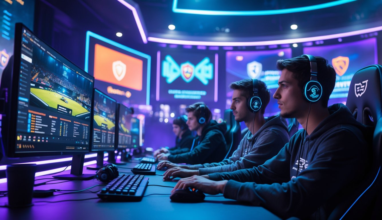 Sekelompok orang muda fokus bermain dan menonton turnamen esports dengan peralatan gaming di ruang yang terang dan modern.