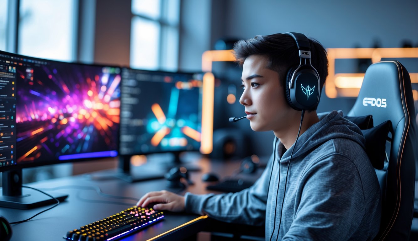 Seorang pemain esports muda yang fokus bermain game di depan monitor dengan peralatan gaming lengkap di ruangan modern.