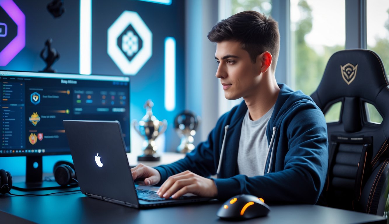 Seorang pria muda duduk di meja dengan laptop, fokus pada layar yang menampilkan platform judi esports, di ruang kerja dengan perlengkapan gaming di sekitarnya.