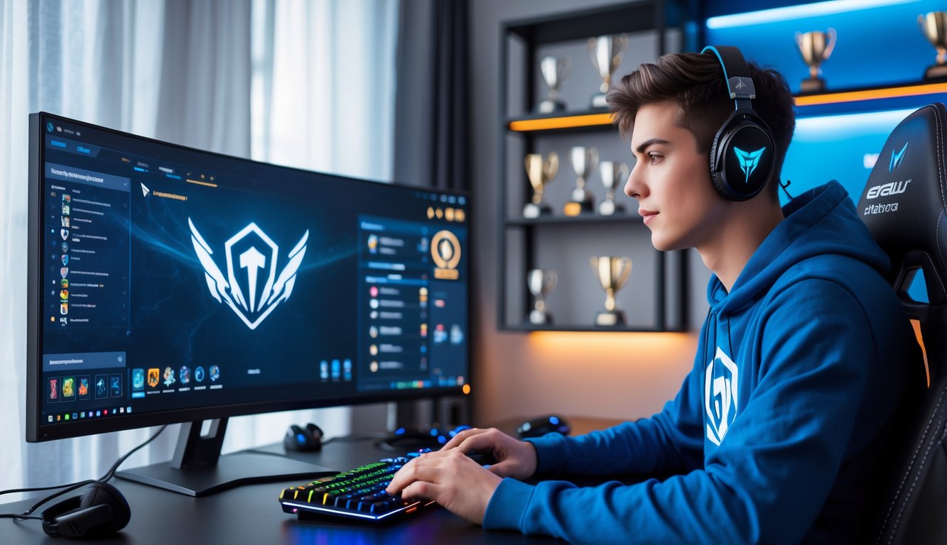 Seorang pria muda duduk di depan komputer dengan tampilan game esports populer, fokus dan serius dalam suasana ruang gaming yang rapi dan terang.