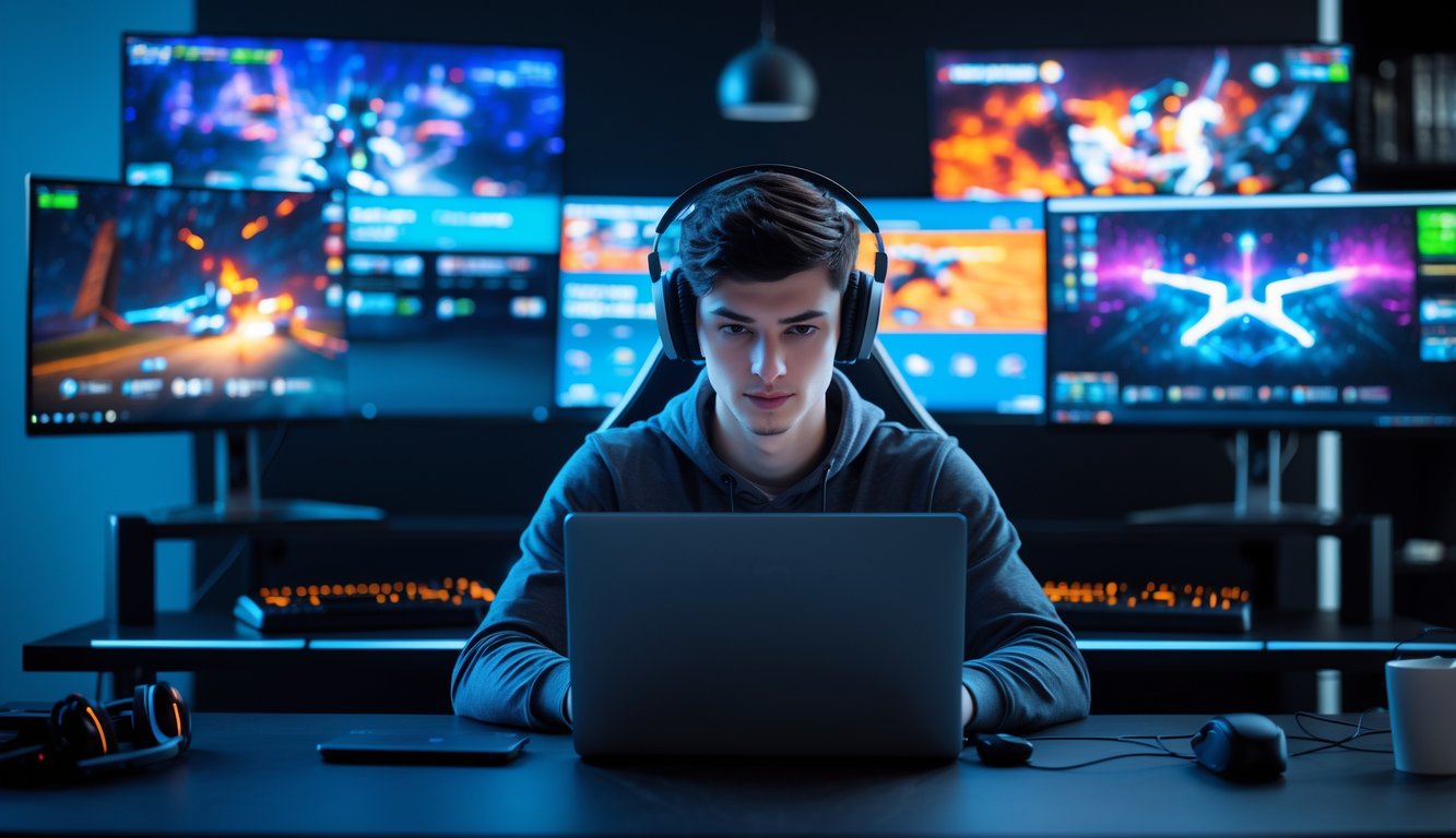 Seorang pria muda duduk di meja dengan laptop dan beberapa monitor menampilkan permainan esports populer, terlihat fokus dan serius.