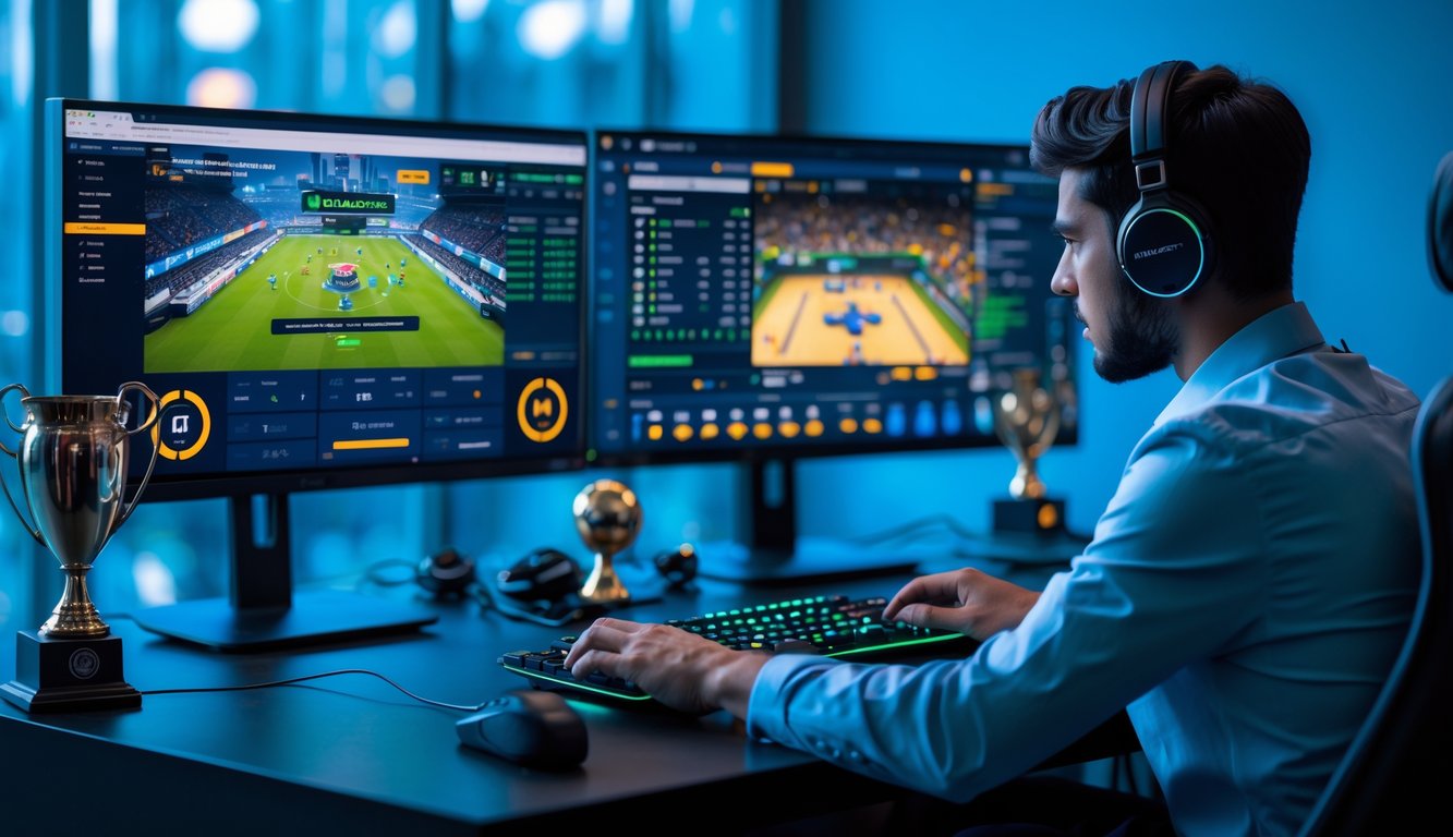 Seorang pria menggunakan komputer dengan beberapa layar menampilkan pertandingan esports dan fitur taruhan langsung.