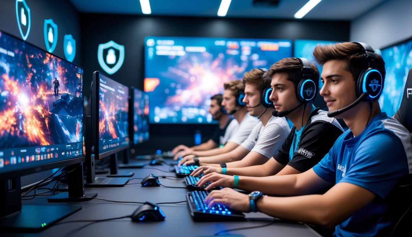 Sekelompok orang muda sedang bermain game esports di ruangan dengan komputer dan monitor besar, menunjukkan suasana kerja sama dan keamanan.