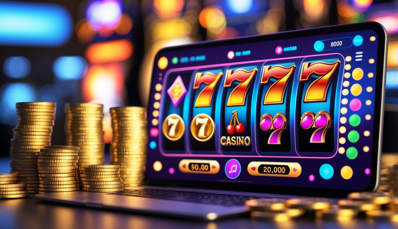 Sebuah perangkat dengan layar menampilkan permainan slot online berwarna-warni dengan simbol jackpot, dikelilingi oleh tumpukan koin emas dan chip kasino.