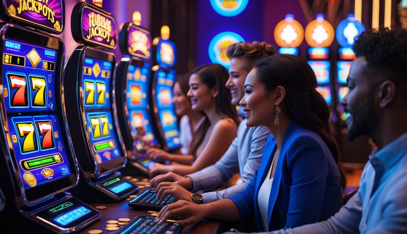 Beberapa orang bermain mesin slot digital di ruangan dengan lampu neon dan suasana kasino.