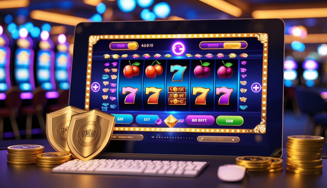 Layar perangkat digital menampilkan mesin slot berwarna-warni dengan latar belakang kasino yang ramai dan lampu neon.